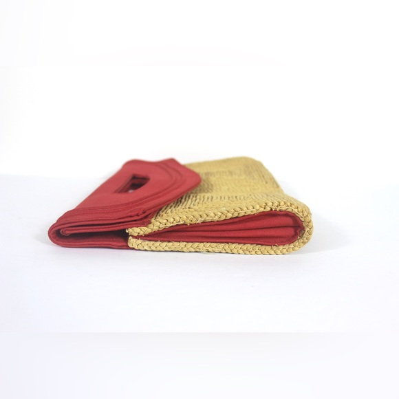 Vintage 70’s Woven Straw Clutch with Red Fabric Handle, Natural Retro - Picture 7 of 9
